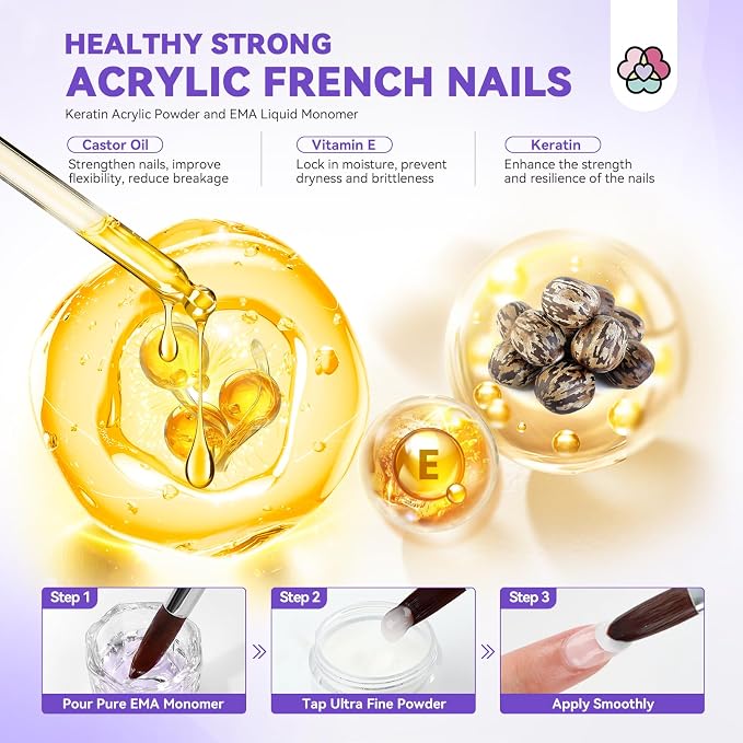 SAVILAND Acrylic Nail Kit, Keratin Acrylic Powder with French Tips | Complete tools everything for beginners, castor oil nail primer glue french tips rhinestones, DIY home salon
