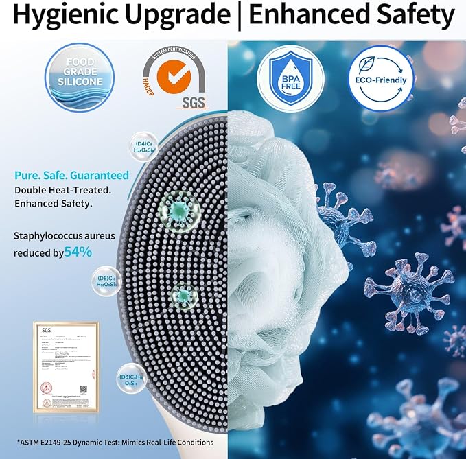 Extendable Silicone Back Scrubber, 17"-32", 4X Firm Scrub,White | Dual handles for 4X power. Zinc-infused BPA-free silicone. 40D firm bristles for deep exfoliation. Ideal oily skin, Quick-dry