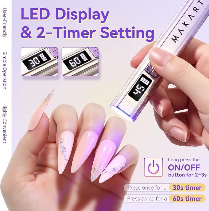 Makartt Handheld Mini UV Nail Lamp Flash Cure for Gel-X Tips & Nail Glue | Rechargeable Cordless UV Nial Light with LCD Display for Fast Flash Curing Gel Polish DIY Home and Salon Use, Gradient Purple