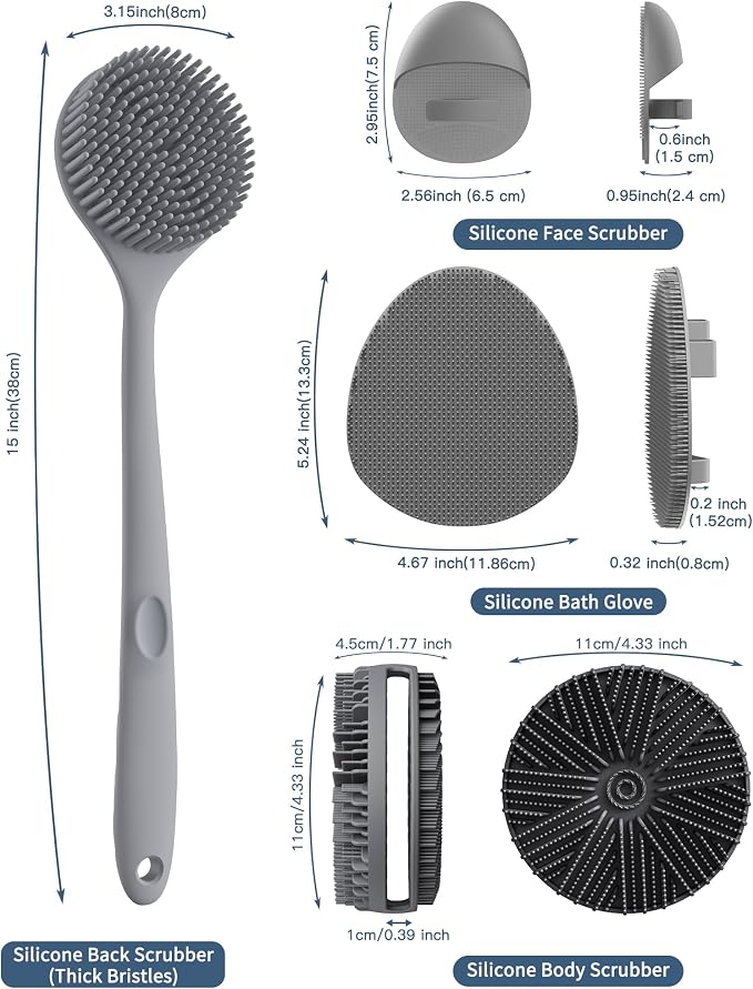Manmihealth Silicone Body Scrubber & Scalp Massager 5PCS Set Style 2 Gray | Super-Exfoliating Back Scrubber Shower Brush & Shampoo Brush Combination, with 2 Free Hooks