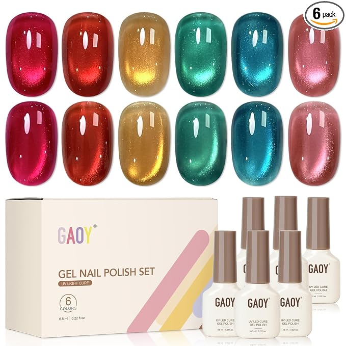 GAOY Glass Cat Eye Gel Nail Polish Set 6 Colors with Magnet, Aurora Soda | Gemstone Nail Art, UV Lamp Required, Red Green Blue Gold Pink Glitter Holographic, Christmas Holiday, DIY at Home Salon