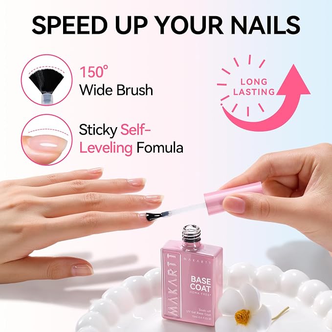 Makartt Hema-Free Gel Base Coat 15ML Upgraded Mild Formula | TPO-Free, Long Lasting, Clear Gel Polish Soak Off UV LED Lamp Needed, No More Damaged Nails, for Home DIY Gift Salon