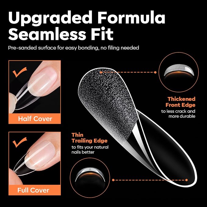 Modelones Almond Nail Tips, Pre-Etched 40 Grit Half Matte Gel Nails Tips | Clear Full Cover 240PCS 15 Sizes Medium Almond Fake Nail Tips for DIY Extensions Press On Nails for Women
