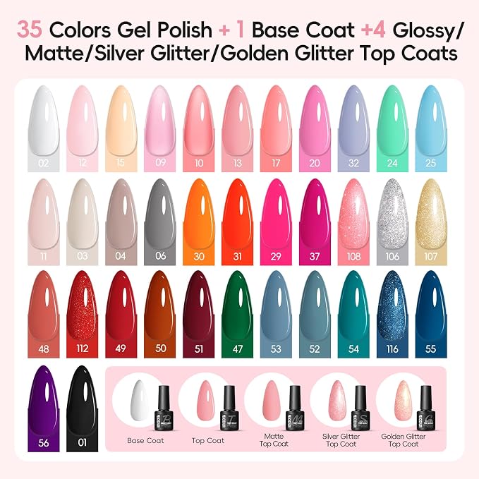 PEACECOLOR 53PC Gel Nail Polish Kit with U V Light and Drill 35 Colors Soak Off Gel Polish with Matte Glitter Glossy Top Base Coat Art Manicure Complete Nail Polish Kit Gifts for Women
