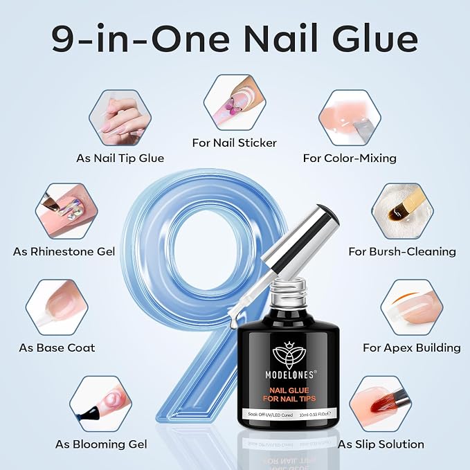 modelones X Nail Gel Kit Extra Short Almond, 9-in-One Nail Glue UV Light | 216Pcs 12Sizes Pre-Etched Press ons Fake Acrylic Extension Kit DIY Salon Gift for Women