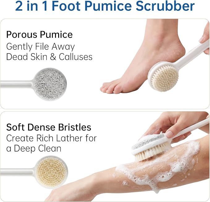 Foot Scrubber with Pumice Stone & 2 Pcs Toe Cleaning Brush, Long Handle Callus Remover for Feet, Toe Cleaning Brush for Dead Skin, Shower Foot Brush for Seniors, Elderly, Men Women (Include 4 Hooks)
