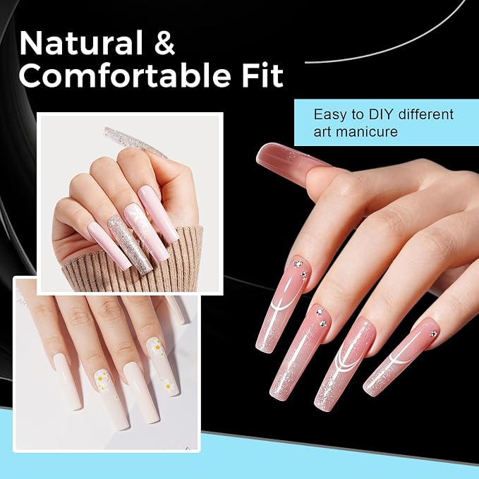 TOMICCA Extra Long Square Nail Tips, 240Pcs Pre-Shaped Half Matte Clear Full Cover False Nails 12 Sizes Gel Nail Tips for Extension Nail Home DIY