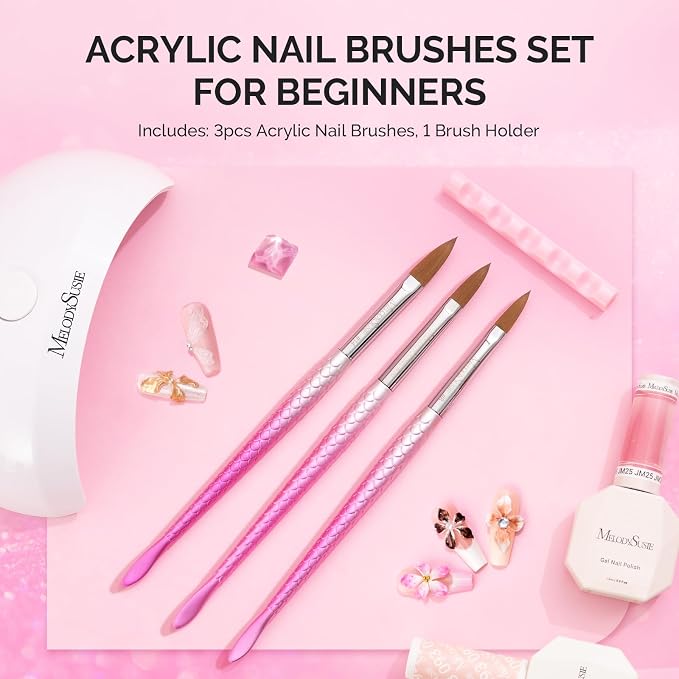 MelodySusie 3Pcs Acrylic Nail Brush Set, Size 8/10/14 with Brush Holder, Nail Art Brushes for Acrylic Application Powder Nail Extension and 3D Carving, Nail Art Tools for DIY Home Salon, Pink-Silver