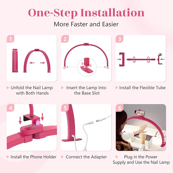 Yokilly Half Moon Light for Nail Desk: 29" Foldable Nail Light for Desk | AB Diamonds Arch Nail Tech Light with Phone Holder for Beginner - 3 Color Modes & 10 Brightness for Manicure Salon-RoseRed