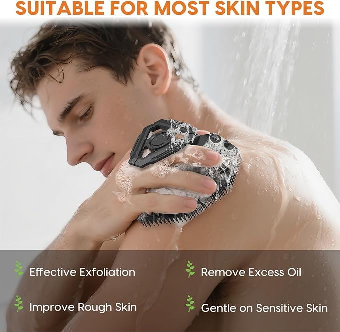 Silicone Body Scrubber, Non-Slip Handheld Cleansing Brush, Rich Foam, Deep Exfoliation, Brightening Skin, Comfortable Massage, for All Skin Types, Men and Women (Black)