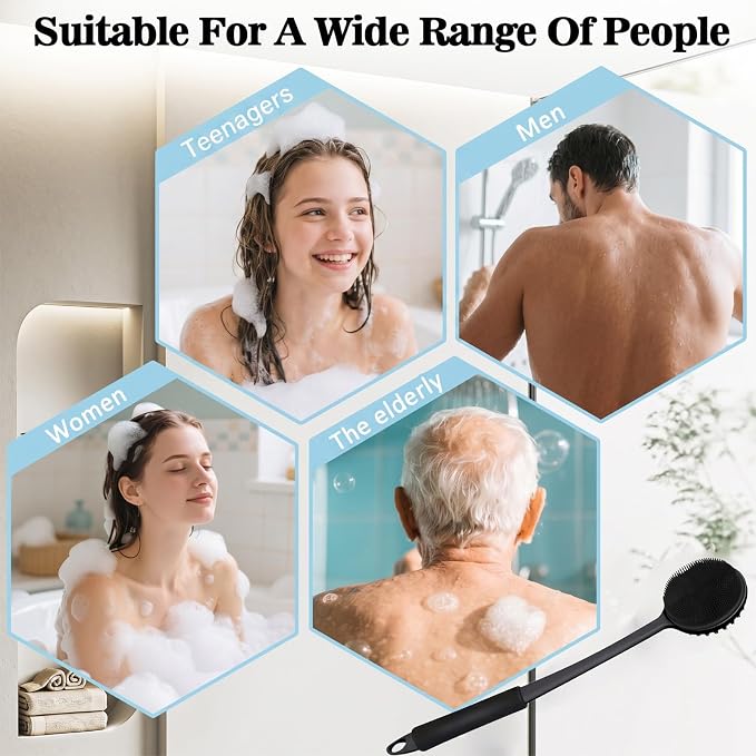 Back Silicone Rubber for Shower|Curved Long Handle Body Brush|Dual-Sided Firm Exfoliating&Soft Bristles |Silicone face Scrubber (Black face Brush and Back Scrubber Set)