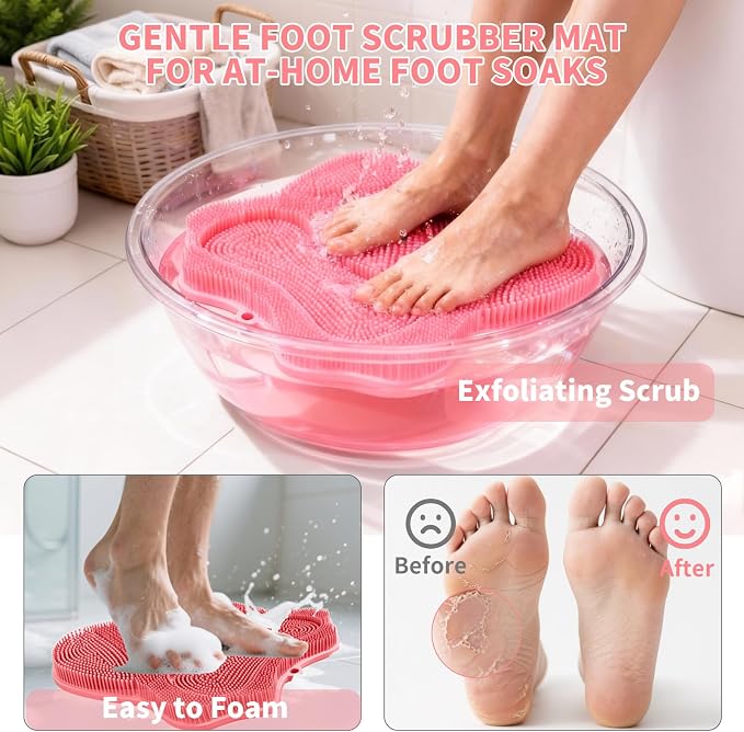 Show Foot Scrubber Mat & Silicone Back Scrubber with Butterfly Form Design,3 Brush Designs for Deep Cleaning Shower Foot Scrubber Mat, Wall Mounted Back Scrubber Silicone Bath(Pink)