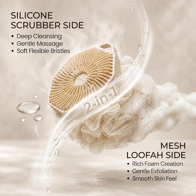 2-in-1 Silicone Body Scrubber & Mesh Loofah Sponge – Exfoliating Silicone Shower Scrubber with Soft Loofa Puff, Silicone Bristles, Non-Slip Grip, Quick Dry, Hygienic Body Scrubber for Women & Men