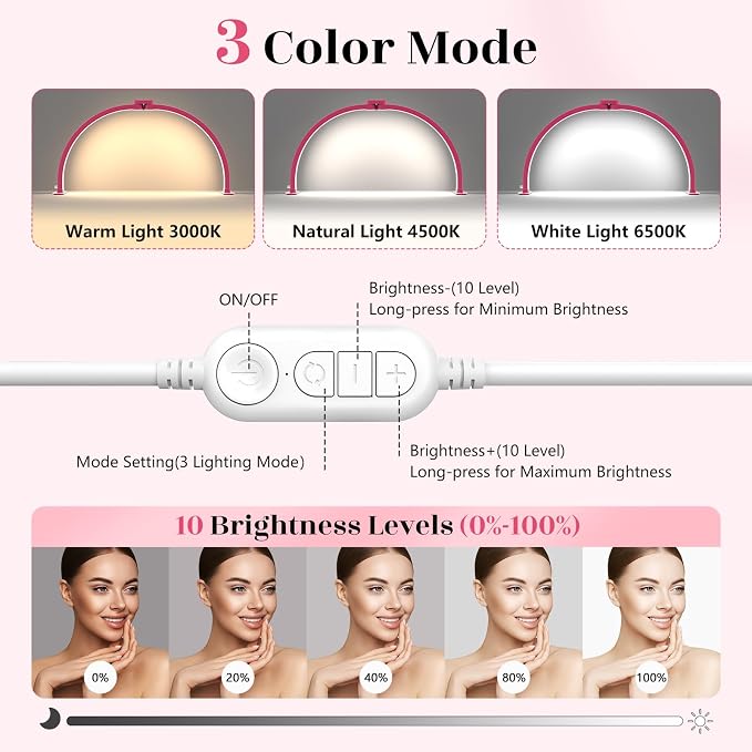Yokilly Half Moon Light for Nail Desk: 29" Foldable Nail Light for Desk | AB Diamonds Arch Nail Tech Light with Phone Holder for Beginner - 3 Color Modes & 10 Brightness for Manicure Salon-RoseRed
