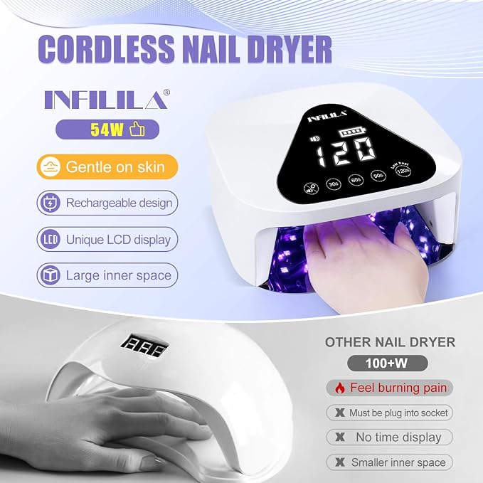 NXJ INFILILA Professional UV/LED Nail Lamp, 54W UV Light for Gel Nails | 30Pcs LED Beads,Cordless,Flash Curing for All Gel Nail Polishs，4 Timers,120s Low Heat Mode,Auto Sensor for Salon and Home Use