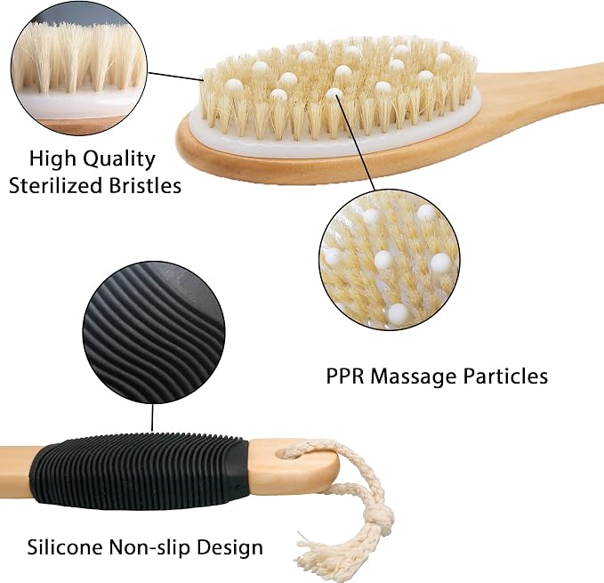 OWIIZI Bath Brush with Cellulite Massagers, Wooden Curved Long Handle Antiskid Dry Brushing Body Brush for Exfoliating, Natural Bristle Back Scrubber for Shower Use Wet or Dry for Men Women Elders