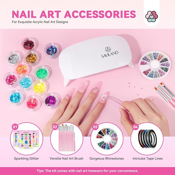 SAVILAND Acrylic Nail Kit with Everything: Professional Nails Kit Set for Beginner Acrylic Powder & Liquid Gel Polish Kit U V Light Full Nail Supplies Essential Tools DIY Home Salon Christmas Gift