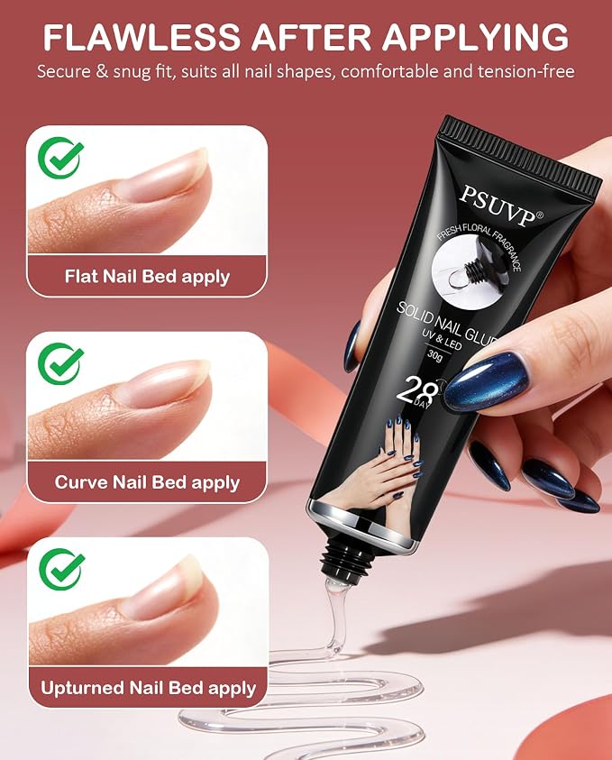 Solid Gel Nail Glue30g w/Mini UV Lamp,For Acrylic Fake&Press OnNails | Strong, secure after cure, waterproof, long lasting, Mess-free & Easy use, Floral Scent, Safe & Gentle, Salon Quality at Home