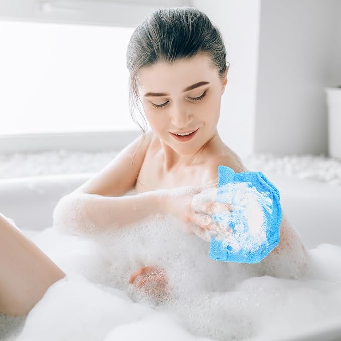 COMNICO 2pcs Exfoliating Back Scrubber, Nylon Shower Bath Exfoliator Extended Length Body Scrub Towel Stretchable Pull Korean Washcloth Strap with Handles(Blue + Gray)