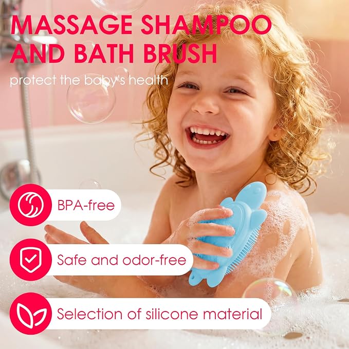 Baby Shower Brush,Kids Silicone Body and Back Exfoliating Mitt - Soft Bristles, Gentle Exfoliation, Cute Turtle Design Makes Children Love Bathing(Wathet)