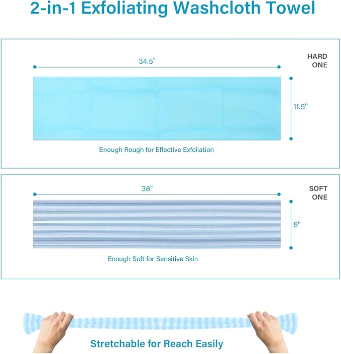 Yiclick 2PCS Exfoliating Washcloth Towel - Exfoliating Body Scrubber Exfoliator, Loofah Sponge Wash Cloth, Korean & Japanse & African Net Sponge Rag - Back Scrubber Washer (Blue)