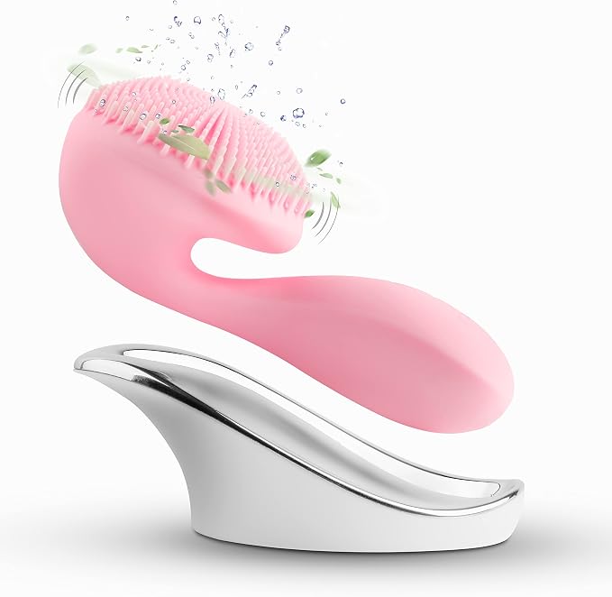 Silicon Facial Cleansing Brush - Electric, Rechargeable, Waterproof IPX7 - Rotating Magnetic Beads - 4 Function Modes - Face Massage for Deep Cleaning - Magnetic Charging Base - Ergonomic Handle