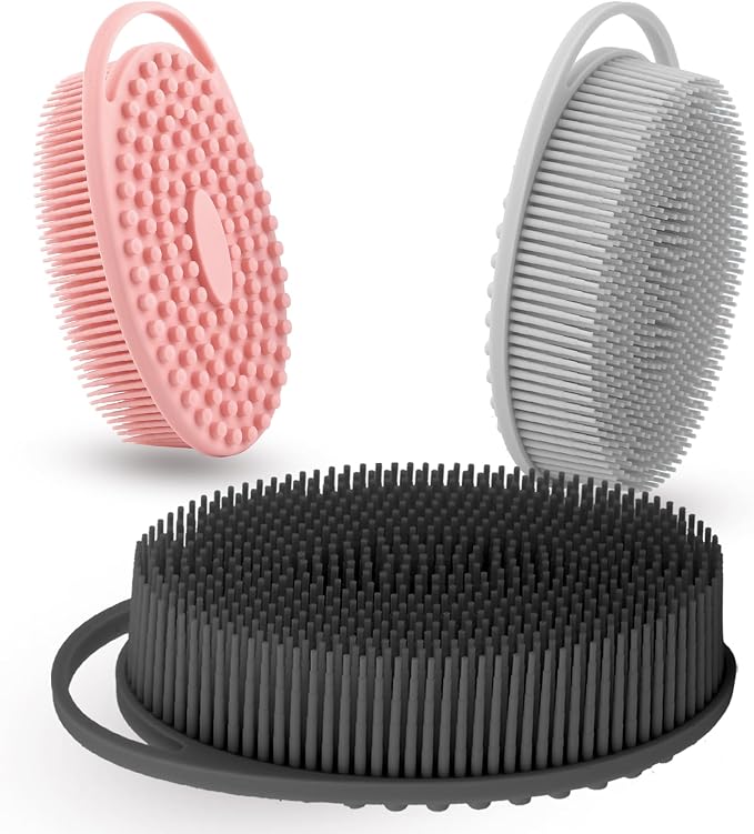 Silicone Body Scrubber 3 Pack Silicone Loofah Exfoliating Body Scrubber Soft Silicone Shower Brush with Handle Double Sided Bath Body Brush for Women Men Cleaning Massage Sensitive Skin, Lather Well