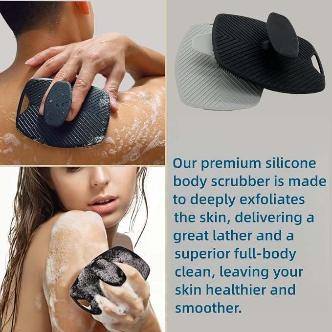 Food-Grade Silicone Body Scrubber, Shower exfoliating Brush, 2 Pack | Highly Elastic Bristles Handheld Brush for Shower, Lather Well and Gentle Exfoliating, for Women and Men, Black & Gray