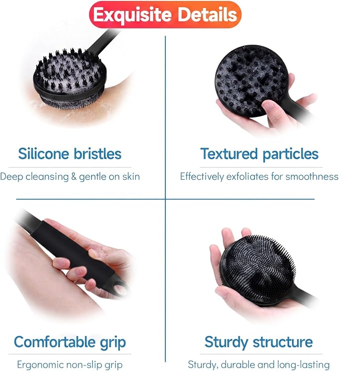 Back Silicone Rubber for Shower|Curved Long Handle Body Brush|Dual-Sided Firm Exfoliating&Soft Bristles |Silicone face Scrubber (Black face Brush and Back Scrubber Set)