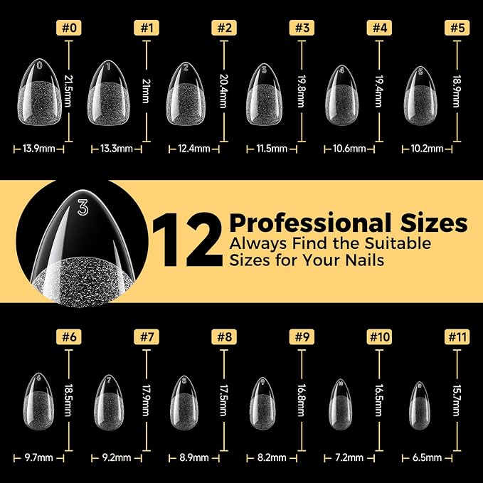 UNA GELLA Short Almond Gel Nail Tips, 600 Pcs Short Nail Tips Almond Shape | Pre-Filed Clear Press On Nails 12 Sizes Full Cover Fake Nails for Extension Home DIY Salon