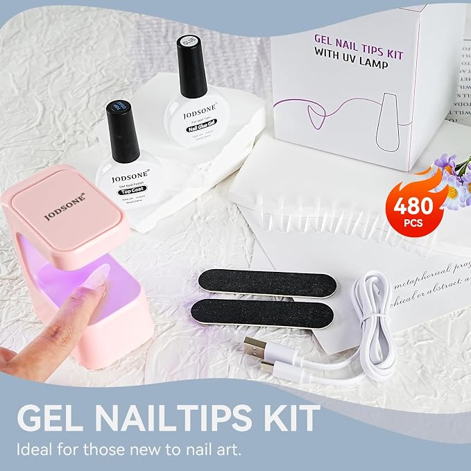 JODSONE Gel Nail Kit Short Teardrop Nail Tips 480PCS Mini Rechargeable Nail Lamp Pre Shaped Clear Full Cover Fake Nails Tips with Nail Glue & Top Coat U V LED Curing Lamp DIY Manicure Gifts for Women