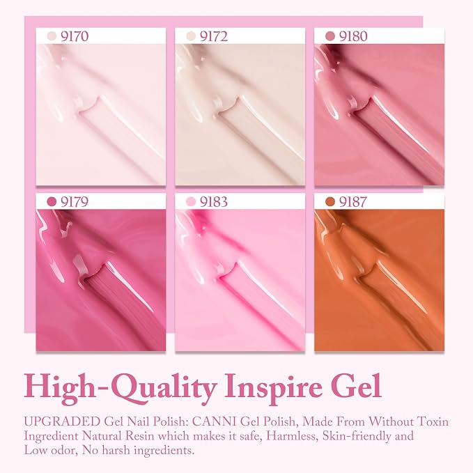 CANNI 9ML Gel Nail Polish Set, 6 Elegant Pink Shades UV LED Soak Off Gel | Smooth Application • Highly Pigmented • Glossy Finish • Long-Lasting Wear • Nail Art • Salon DIY Manicure • Easy Application