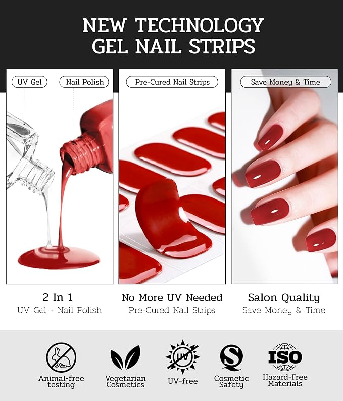 Nail Polish Strips - No UV Lamp Needed (Berry Gold Glitter) | 22 Pcs Salon Quality Gel Nail Stickers - Long Lasting Wraps Easy Application and Removal