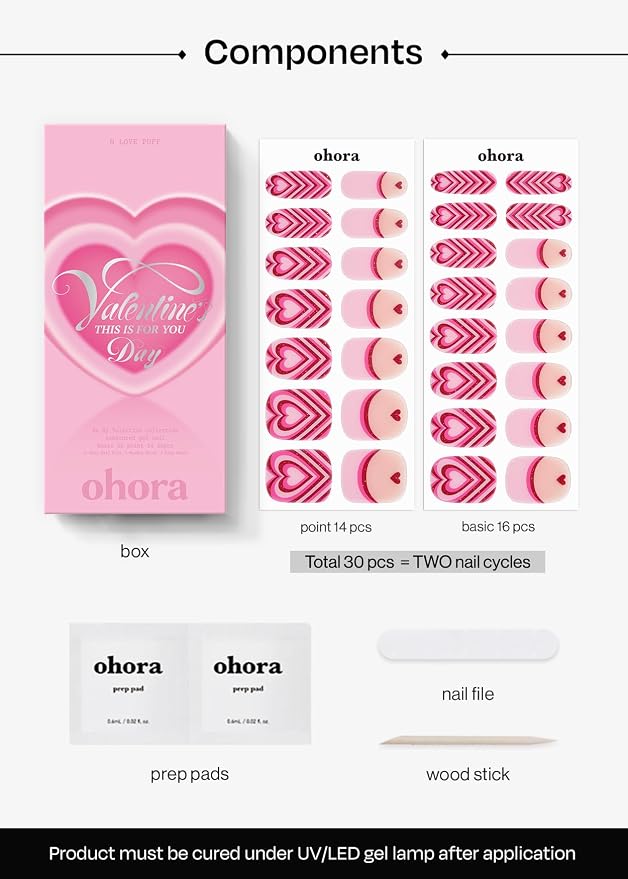 ohora Semi Cured Gel Nail Strips (N Love Puff) - Salon-Quality Valentines Nails, Works with Any Lamps, Long Lasting, Easy to Apply & Remove, Chip Resistant