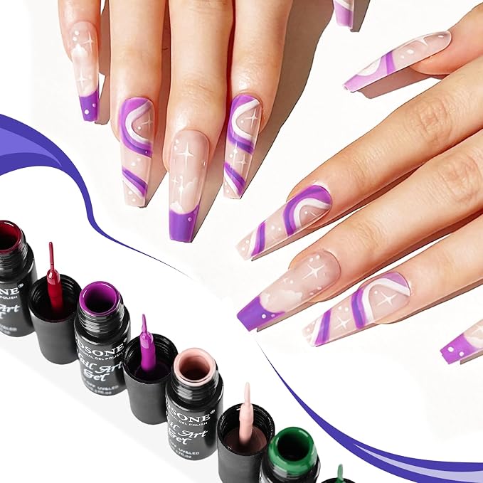 JODSONE Nail Art Gel Liner Set 10 Colors White Red Black White Gel Nail Polish Need U V Lamp Cured with Thin Brush,Gifts for Women