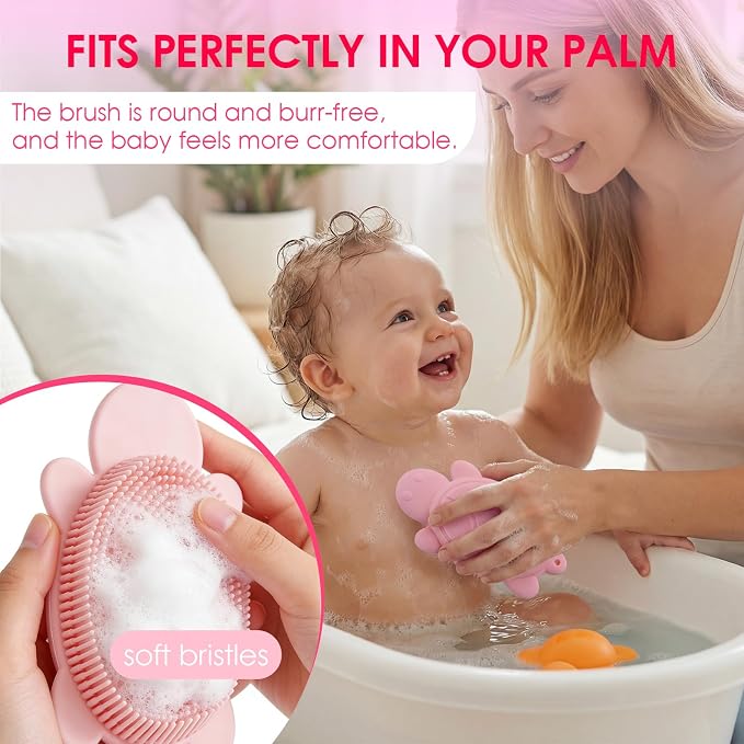 Baby Shower Brush,Kids Silicone Body and Back Exfoliating Mitt - Soft Bristles, Gentle Exfoliation, Cute Turtle Design Makes Children Love Bathing(Pink)