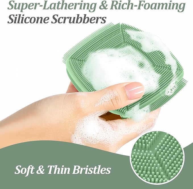 Silicone Back/Body/Face Scrubber & Lymphatic Contour Face Brush Set 4PCS, 13.4'' Soft Back Scrubber, 360° Anti-Slip Bath Glove, Unique Side-bristled Face Scrubber for All-Round Cleaning(Green)