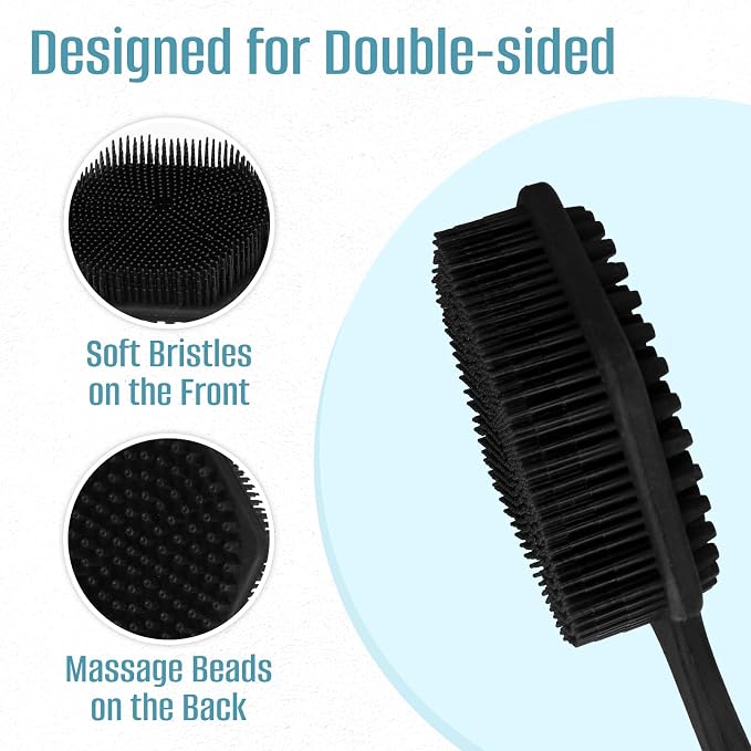 14" Silicone Back Scrubber for Shower, Long Handle Body Brush | Soft Bristles Exfoliate&Massage Skin. Non-Slip Grip, Reach Full Back Easily. Ideal for Men&Women, Bath Use. Black.