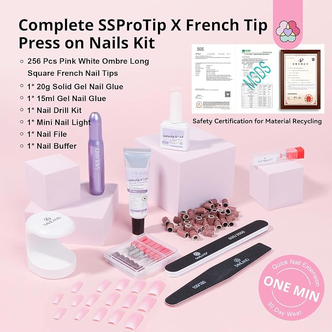 SAVILAND Gel Nail X Kit: 4X Soft Tips with Drill, 256 Ombre Full Cover Nails Tips, Castor Oil Glue, LED Lamp & Portable Drill for Home Manicure