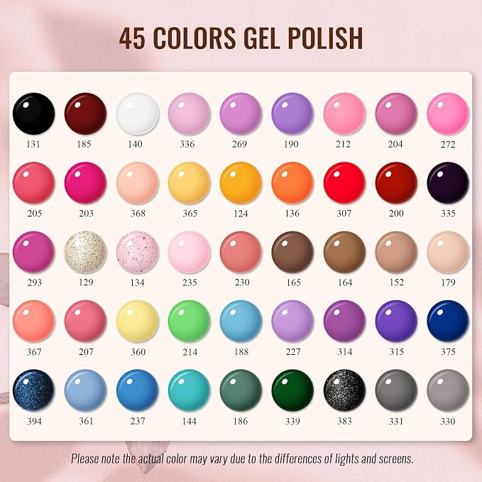 phoenixy Gel Nail Polish Kit with U V Light, 64 Pcs Gel Polish Nail Set 45 Colors All Seasons Nail Polish Set with Base and 4 Effects Top Coat Manicure Tools Complete Gel Nail Kit Gift for Women