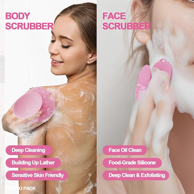 Soft Silicone Body Scrubber, Face Scrubber Silicone, Gentle Texture Exfoliating Body Scrubber for Men and Women On Sensitive Skin, Back Large Suction Cup for Easy Dry and Store (Pink)