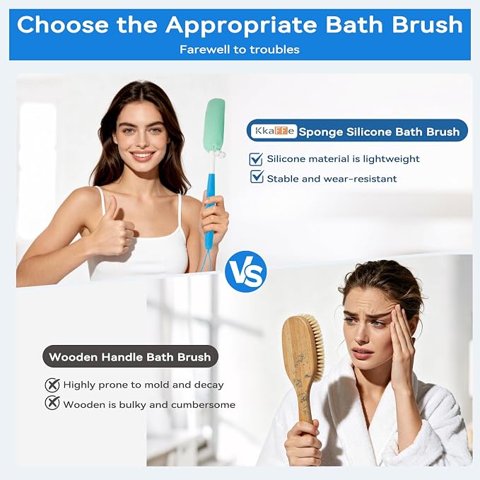 Back Scrubber for Shower,15.35"Curved Body Brush with Anti Slip Long Handle | Long Back Scrubber for Men & Women, Skin Exfoliating Curved Back Scrub Brush, Removable Long Handle Mesh Sponge Back Washer