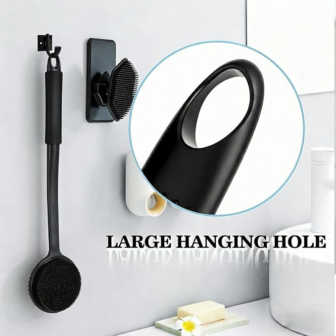 Back Silicone Rubber for Shower|Curved Long Handle Body Brush|Dual-Sided Firm Exfoliating&Soft Bristles |Silicone face Scrubber (Black face Brush and Back Scrubber Set)