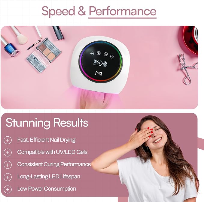 M - HaloLite LED Nail Curing Lamp 98W, 32 LEDs, Wireless Rechargeable with 5200mAh Battery, Fast UV/LED Gel Nail Dryer for Salon & Home Use, Long-Lasting, Portable, Cordless Design (White)