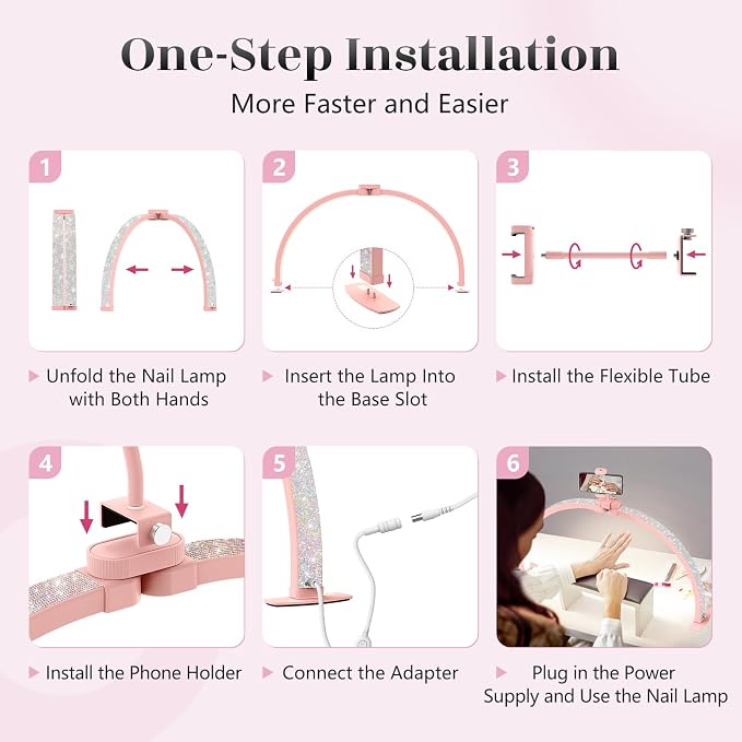 Yokilly Half Moon Light for Nail Desk: 29" Foldable Nail Light for Desk | AB Diamonds Arch Nail Tech Light with Phone Holder for Beginner - 3 Color Modes & 10 Brightness for Manicure Salon-Pink