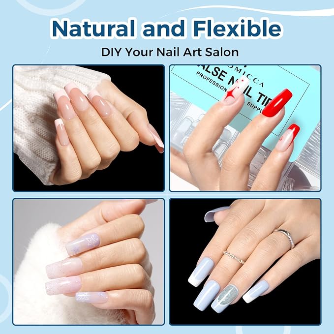 TOMICCA Medium Square Nail Tips, 240pcs 15 Sizes, Soft Gel Tips | Half Matte Pre-Shaped Full Cover Clear Fake Nails, Acrylic Press on Nails for Extension, Beginners and Professional Salon