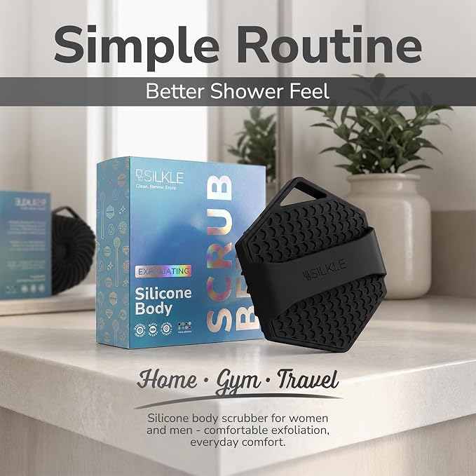 SILKLE Silicone Body Scrubber Exfoliator, Shower Scrubber & Silicone Loofah | Exfoliating Body Scrubber, Non-Slip Grip - Silicone Bath Brush & Shower Brush for Body, Quick-Rinse One-Piece Design - Black