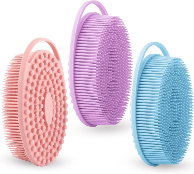 Silicone Body Scrubber 3 Pack Silicone Loofah Exfoliating Body Scrubber Soft Silicone Shower Brush with Handle Double Sided Bath Body Brush for Women Men Cleaning Massage Sensitive Skin, Lather Well