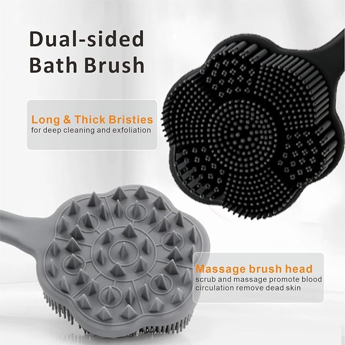 Back Body Scrubber & Face Scrubber for Shower - 15 Inch Long Handle Double Sided Silicone Body Brush for Exfoliation & Massage, Soft Facial Cleansing Brush, Rich Lathering for Deep Cleansing (Gray)