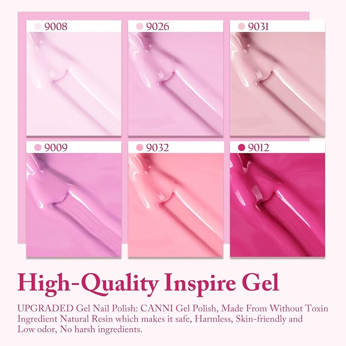 CANNI 9ML Gel Nail Polish Set, 6 Pink Shades UV LED Soak Off Gel Polish | Smooth Application • Highly Pigmented • Glossy Finish • Long-Lasting Wear • Nail Art • Salon DIY Manicure • Easy Application